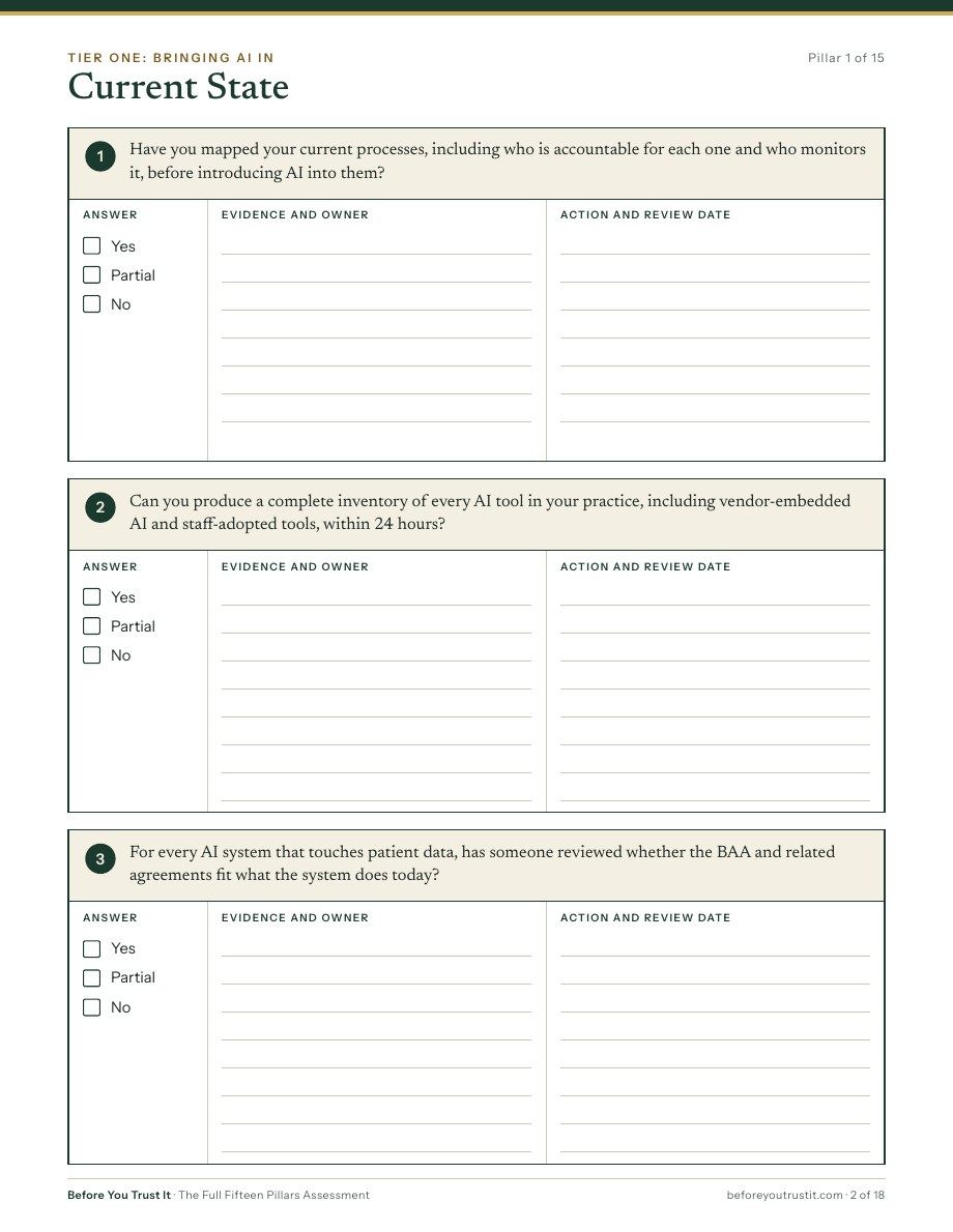 Front page of the Fifteen Pillars Assessment worksheet, with more pages fanned out behind it